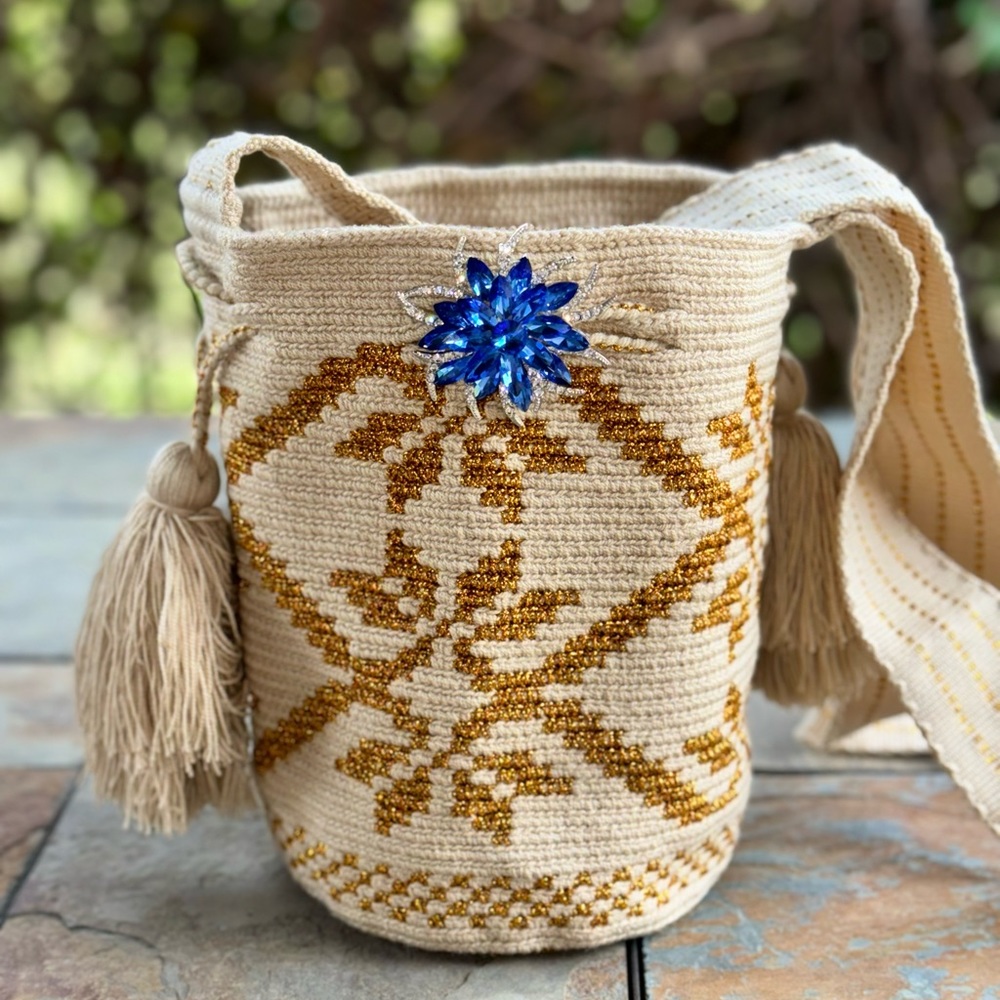 Authentic Wayuu Mochila Bag, Beige/Gold Flower Design